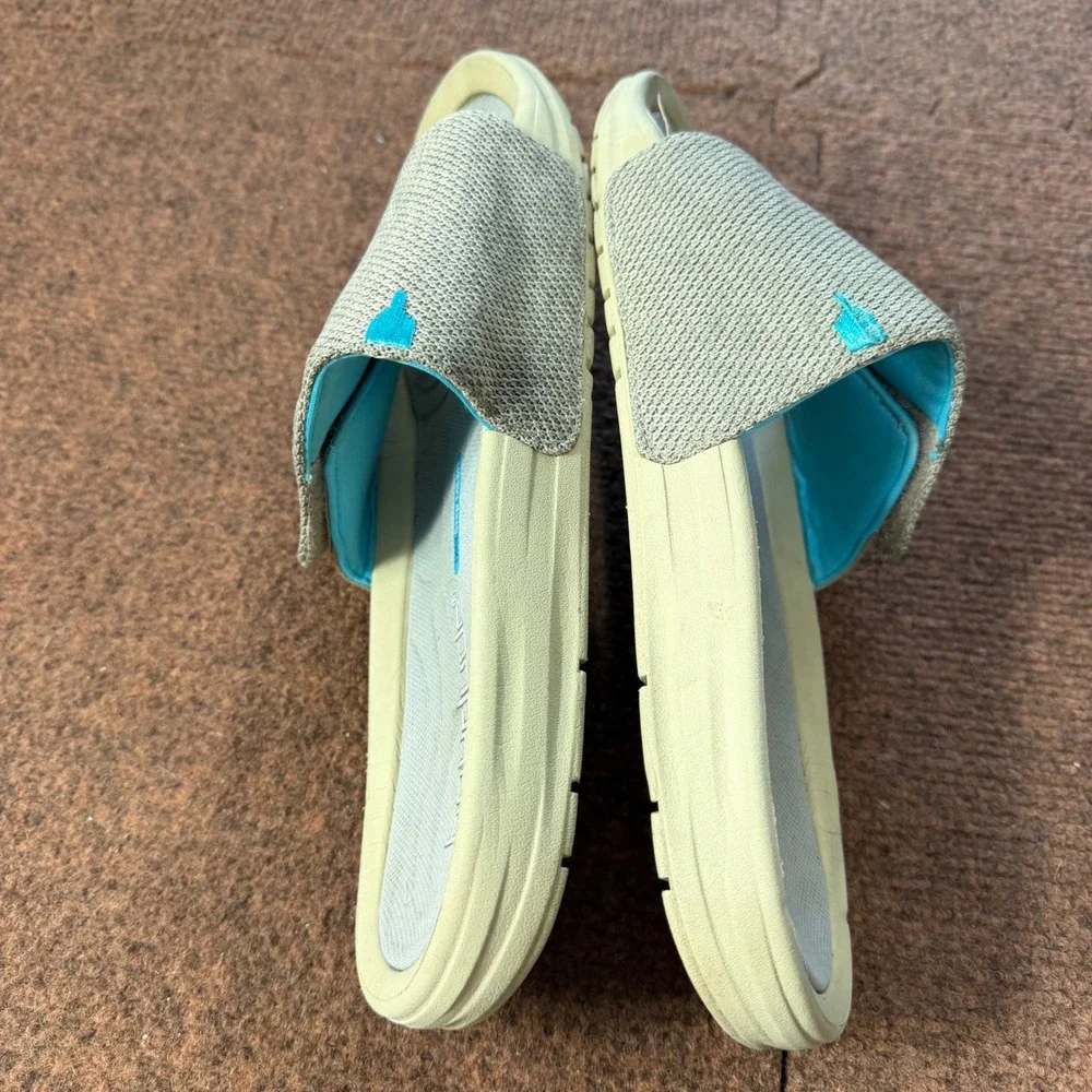 gently used Hey Dude Milo Dry Step Mesh Slides Mens Tan Teal Sandals Size 10